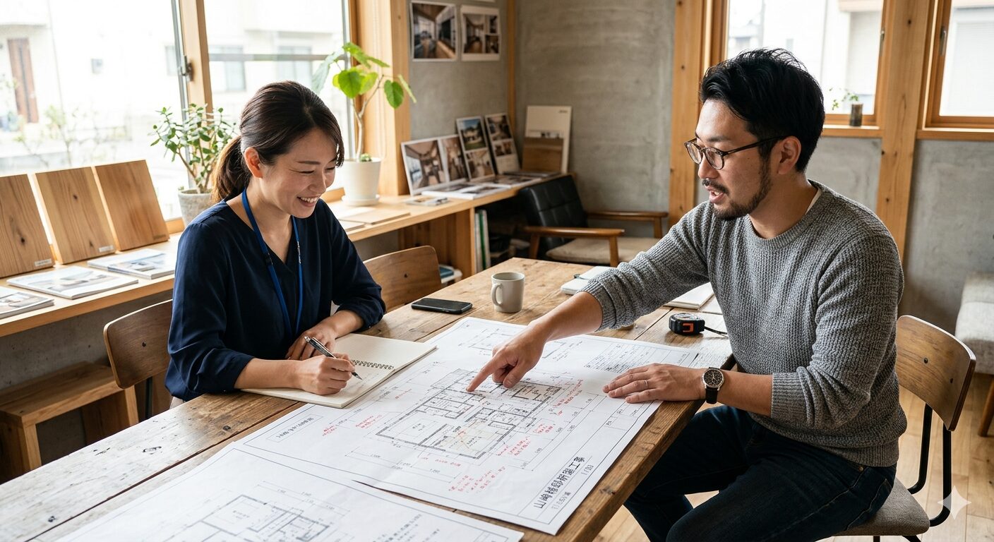 図面を指さして工務店と打ち合わせ