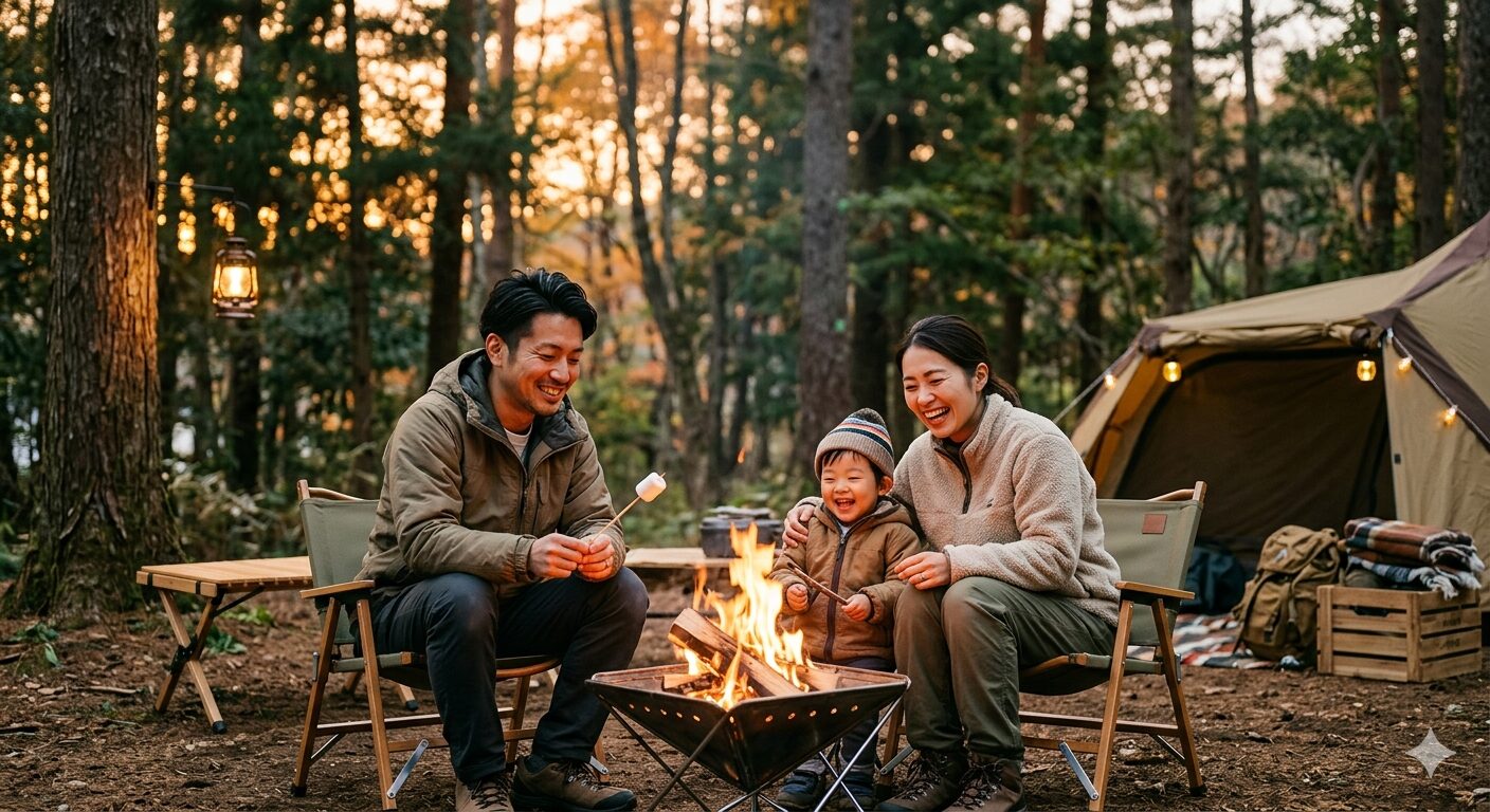 キャンプで焚き火を囲む家族